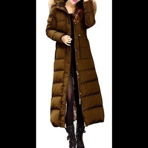 Olive Green Duck Down Puffer Coat: Full Length, Long Style, Unique Color, Sz. S